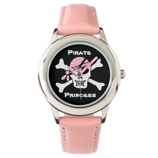 Montre Pirate Princesse sur noir avec texte personnalisé (devant)