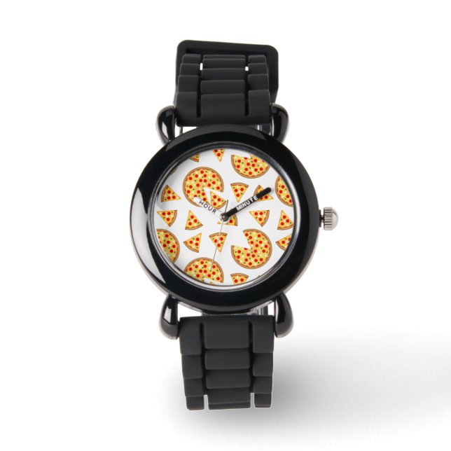 Montre Pizza et tranches de cool motif sur blanc (Recto)