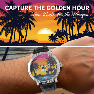 Montre Plage aux palmiers au coucher du soleil tropical