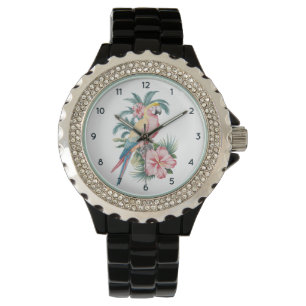 Montre Plage d'été tendance perroquet et fleurs d'Hibiscu