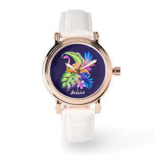 Montre Plantes et Flamants roses tropicaux Personnalisés