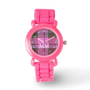 Montre Plaque de tartan rose et vert monogrammée