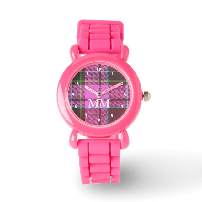 Montre Plaque de tartan rose et vert monogrammée (Recto)