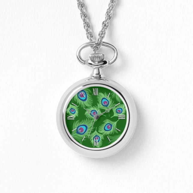 Montre Plumes de chaux et de paon bleu sur vert émeraude (Recto)