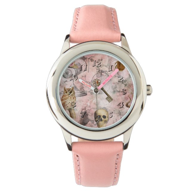 Montre Pointe à vapeur rose Retro Goth Owl Keys (devant)