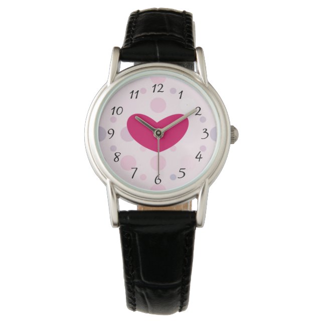 Montre Pois roses au coeur rouge funky (devant)