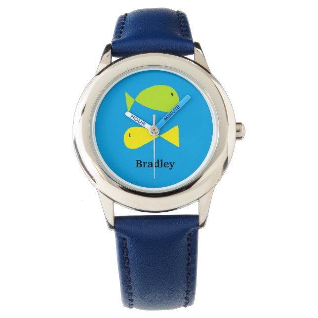 Montre Poissons verts et jaunes mignons sur le bleu (devant)