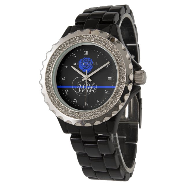 Montre Police Femme mince Ligne bleue Rose Nom personnali (Incliné)