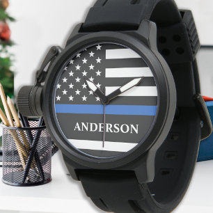Montre Police Personnalisée Ligne Bleue Mince Police