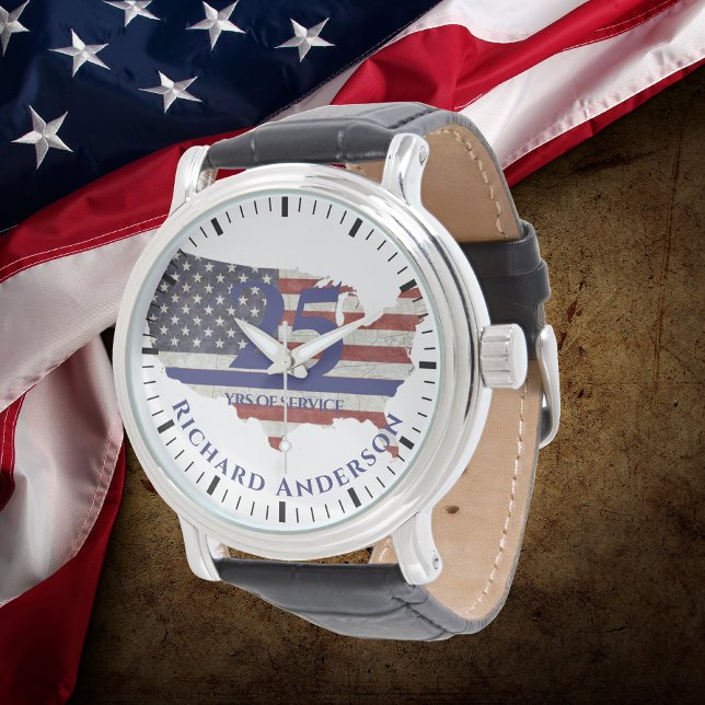 Montre Police Retraite Watch Mince Ligne Bleue Drapeau US (Créateur téléchargé)