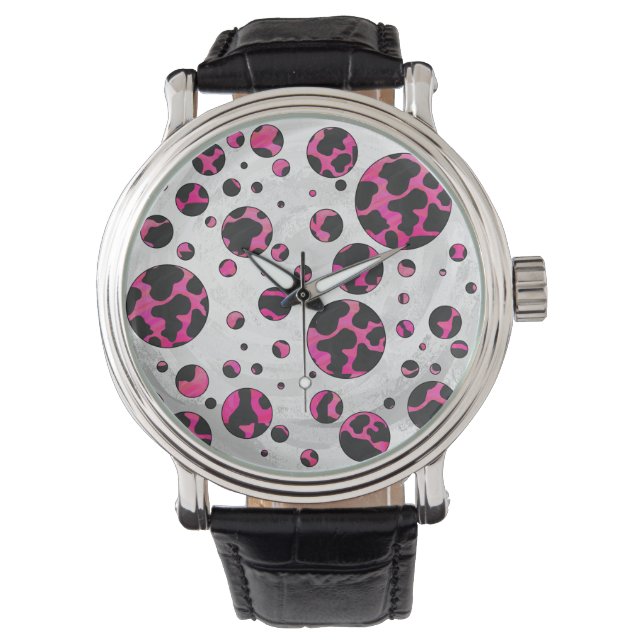 Montre Polka Dot Cow Hot Rose et Black Print (devant)