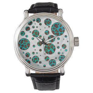 Montre Polka Dot Cow Impression Brown et Turquoise
