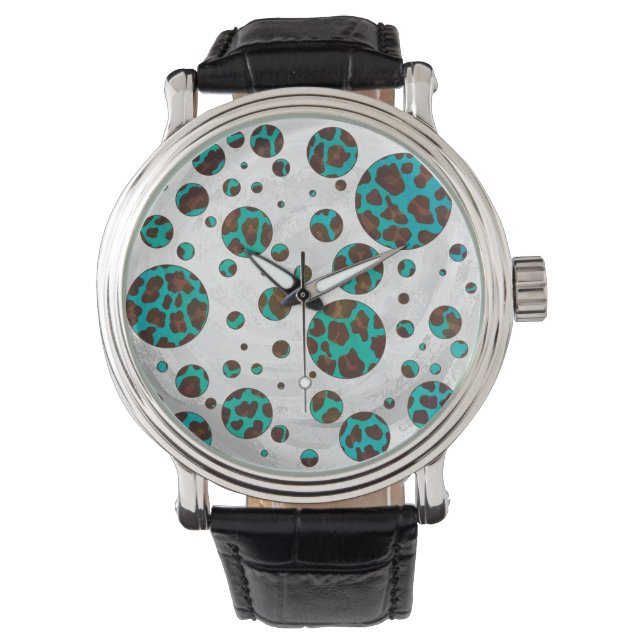 Montre Polka Dot Cow Impression Brown et Turquoise (devant)