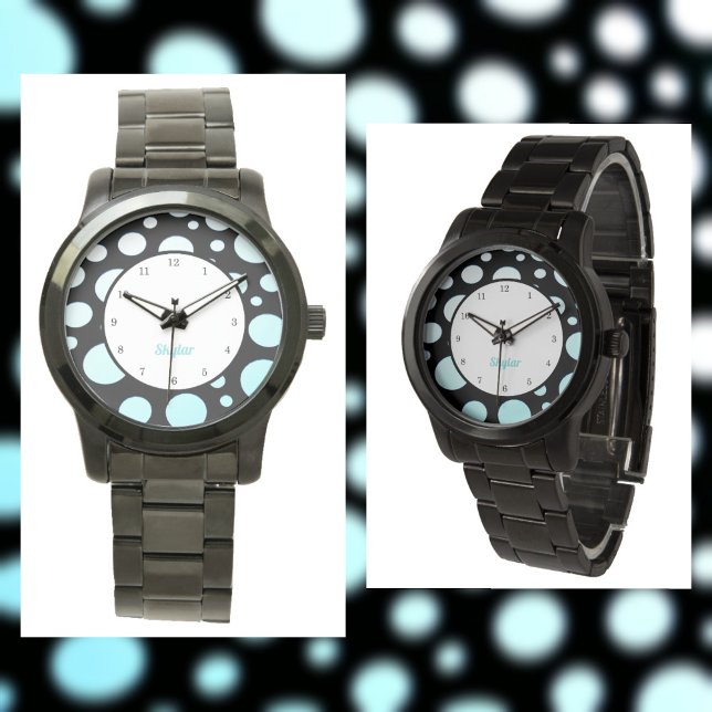 Montre Polka-dots rétro moderne bleu blanc et noir (Créateur téléchargé)