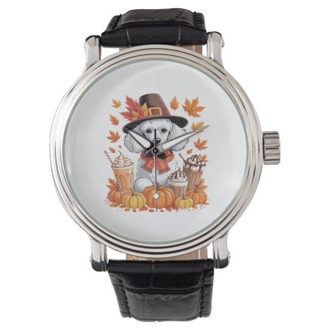 Montre Poodle Thanksgiving Boissons Café Automne Feuilles (devant)