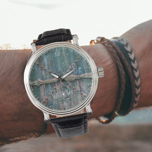 Montre Porte en bois rustique et fer en bleu, personnalis