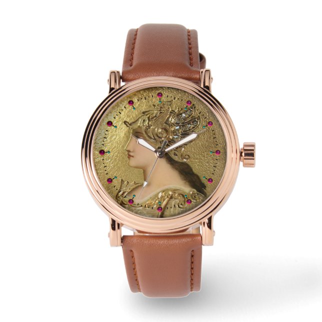 MONTRE PORTRAIT ATHENA AVEC CASQUE EN OR, GRIFFINES, RUBY (Recto)