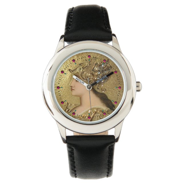 MONTRE PORTRAIT ATHENA AVEC CASQUE EN OR, GRIFFINES, RUBY (devant)