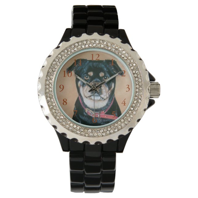 Montre portrait de chien peinture de carlin noir et tan (devant)