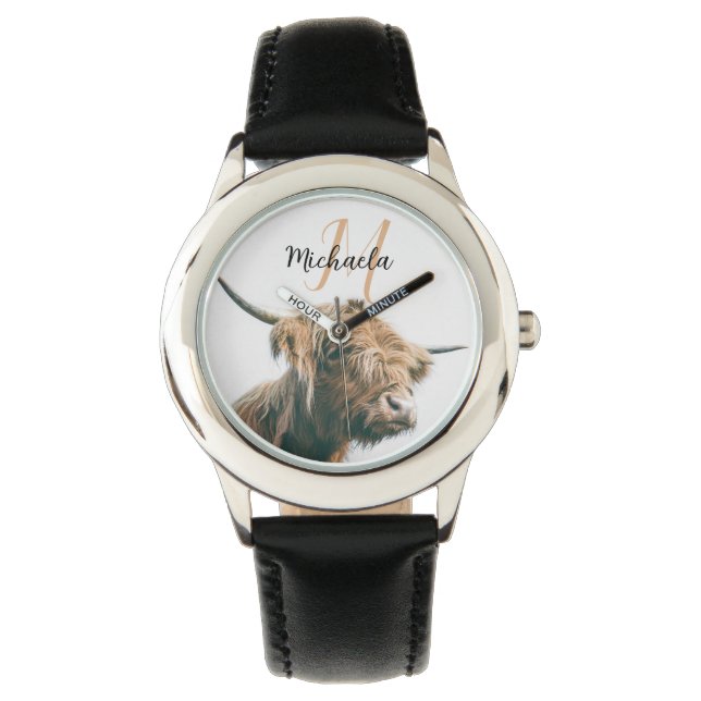 Montre Portrait de vache Highland nom personnalisé monogr (devant)