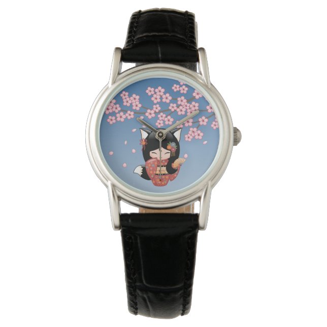 Montre Poupée Kitsune Kokeshi - Black Fox Geisha Girl (devant)