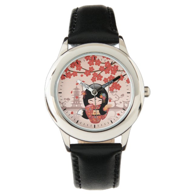 Montre Poupée Kitsune Kokeshi - Black Fox Geisha Girl (devant)