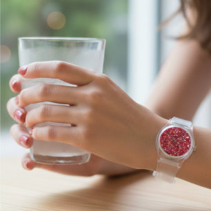 Montre pour femme à bracelet clair et strass rouge