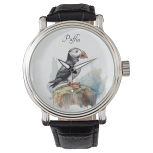 Montre Puffin sur une aquarelle rocheuse, personnalisé