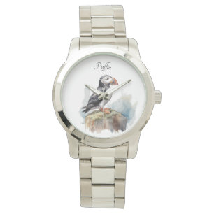 Montre Puffin sur une aquarelle rocheuse, personnalisé
