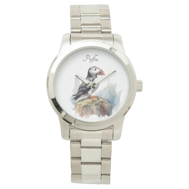 Montre Puffin sur une aquarelle rocheuse, personnalisé (devant)