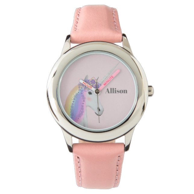 Montre Rainbow Unicorn Floral rose Personnalisé fille (devant)