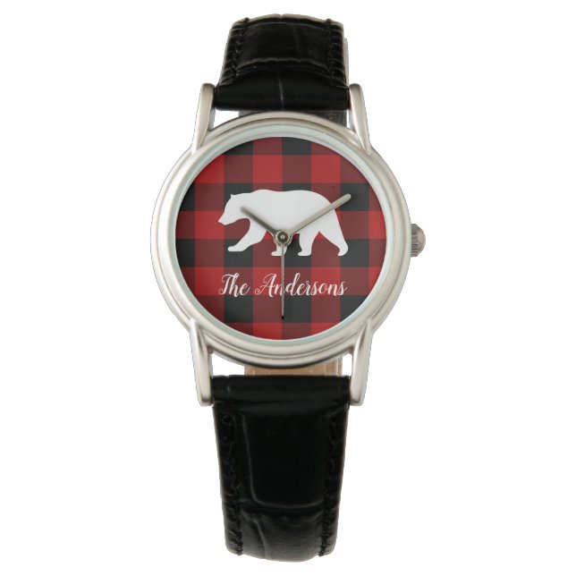 Montre Red Buffalo Plaid & Bear | Nom personnel Cadeau (devant)