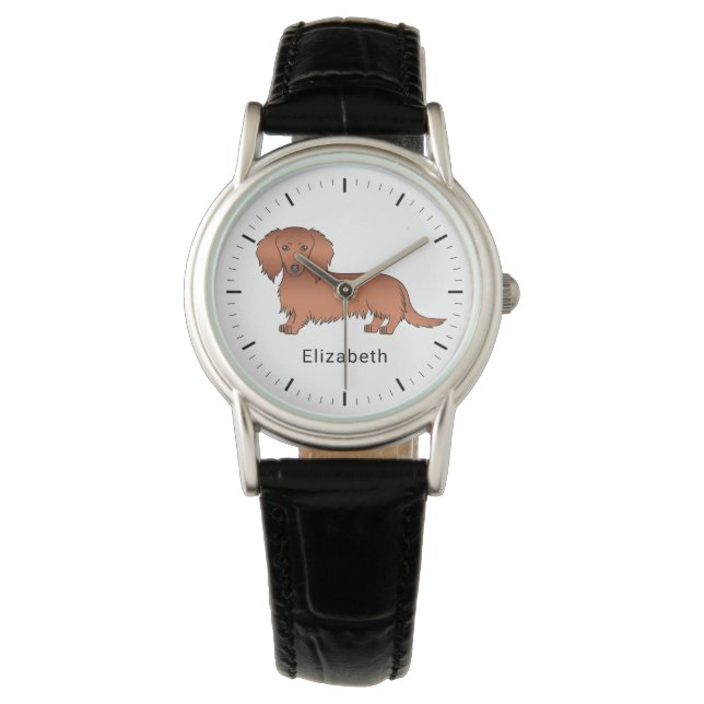 Montre Red Long Cheveux Dachshund mignon Dessin et nom (devant)