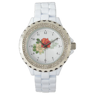 Montre Red Rose and Daisies Clockface 1 Black