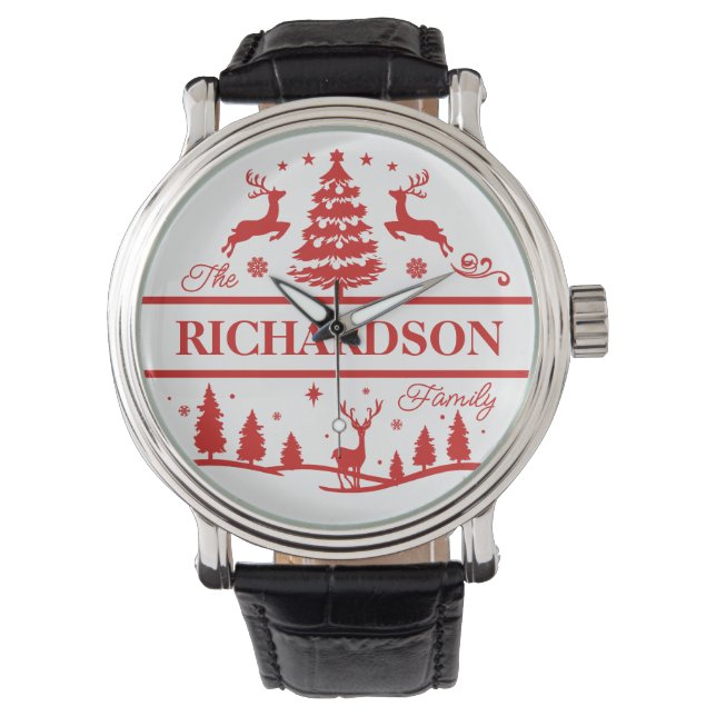 Montre Red White Christmas Nom de famille personnalisé (devant)