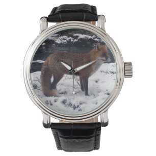 Montre Renard roux enneigé faune forestière animal d'art 