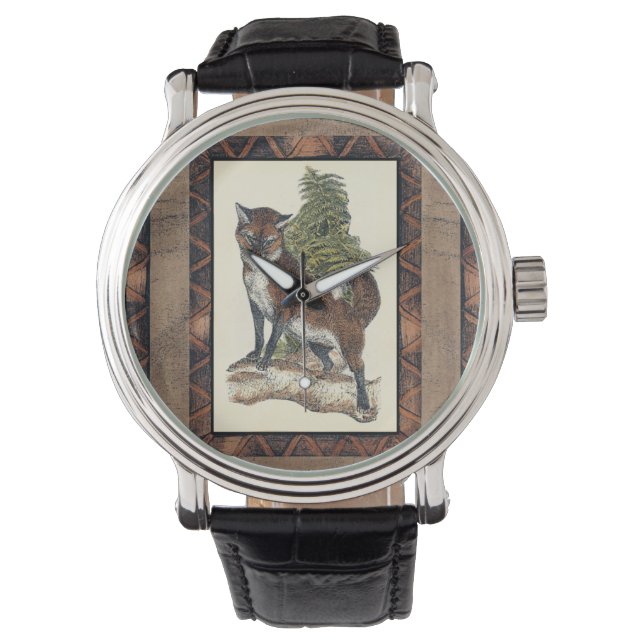 Montre Renard rustique sur un tronc d'arbre (devant)