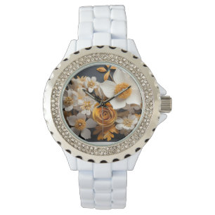 Montre rendu 3D de fleurs orange et blanches