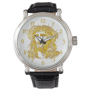 Montre Représentation dorée de Jésus-Christ avec la Couro