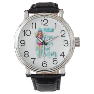 Montre Restez calme et surfez sur la carte de fille brune
