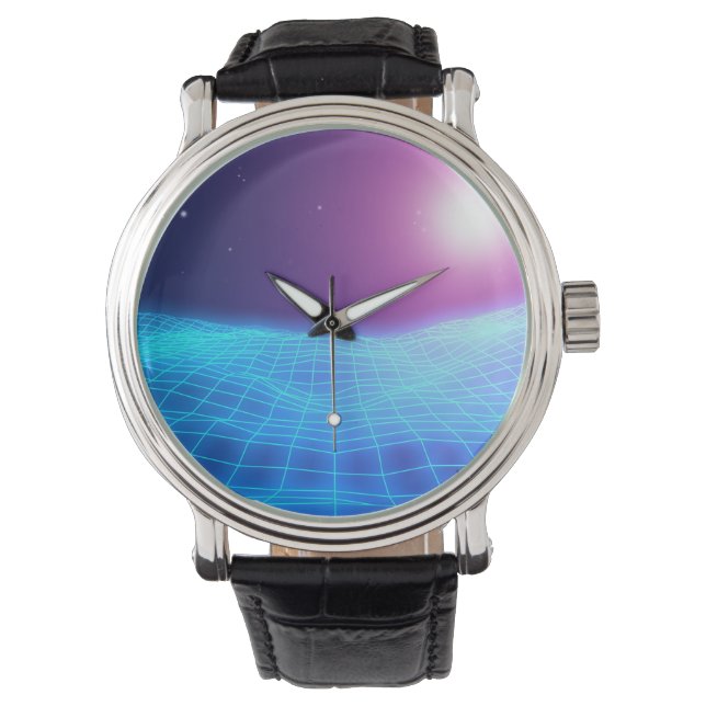 Montre Retro 1980 synthwave lumières néon brillant paysag (devant)