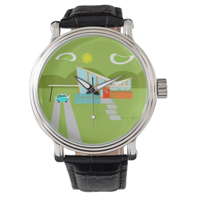 Montre Retro Palm Springs House Black Leather Watch (devant)