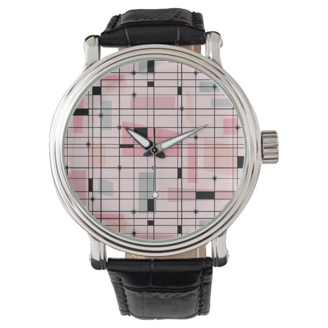 Montre Retro Pink Grid et Starbursts Leather Watch (devant)