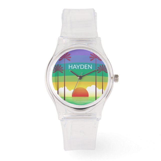 Montre Retro Purple Sunset Palm Trees Art Personalised (Recto)