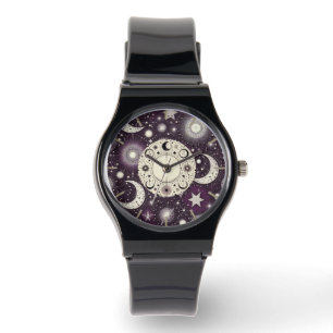 Montre Rêves célestes violets et blancs : Lune et étoiles