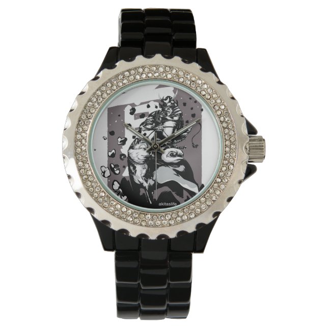 Montre Rhinestone Akita avec Enamel noir (devant)