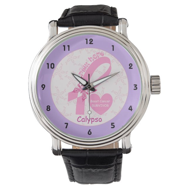 Montre Ribbon rose Survivant du cancer du sein et bordure (devant)