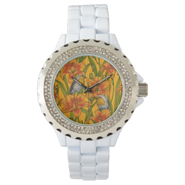 Montre Robins et fleurs de lys, orange et vert (devant)
