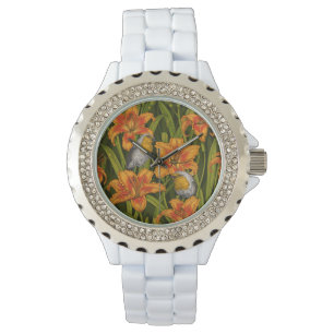 Montre Robins et fleurs de lys, orange et vert foncé