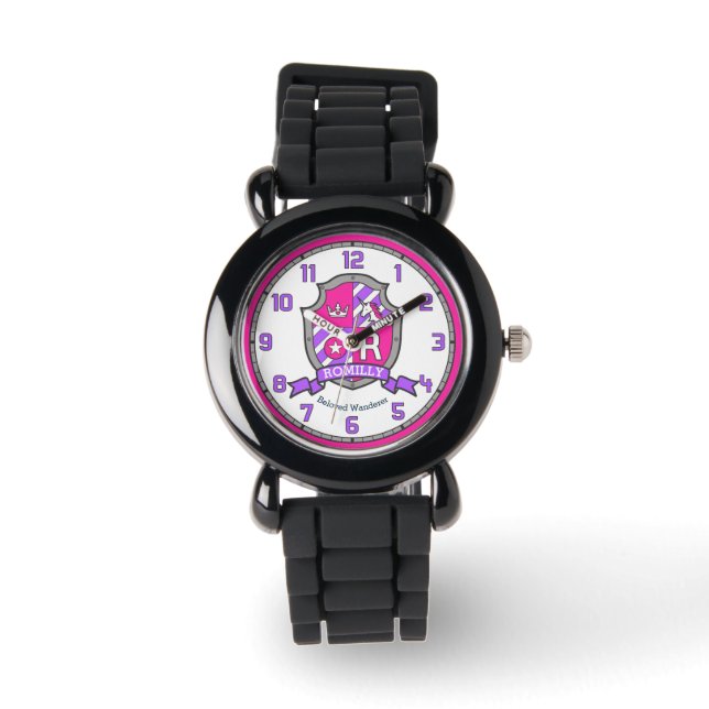 Montre Romilly Girls nom signifiant crête R licorne rose (Recto)